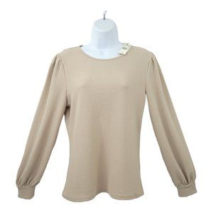 Express Pullover Top Womens Size M Puff Cuff Keyhole Back Beige Long Sleeve NEW